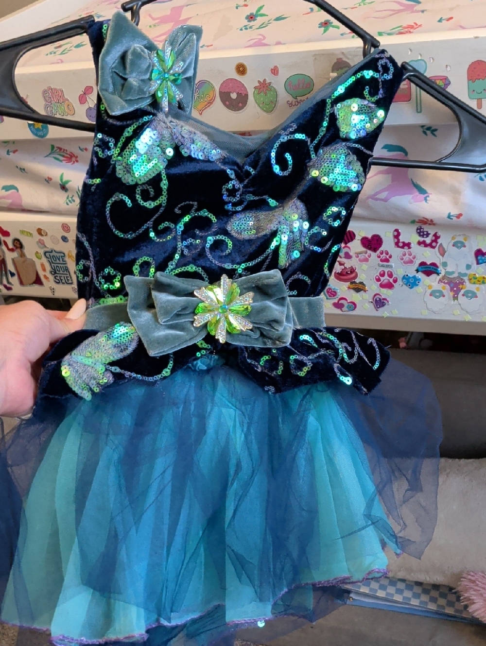 Weissman Navy Velvet Sequin & Teal Tulle Party Dress